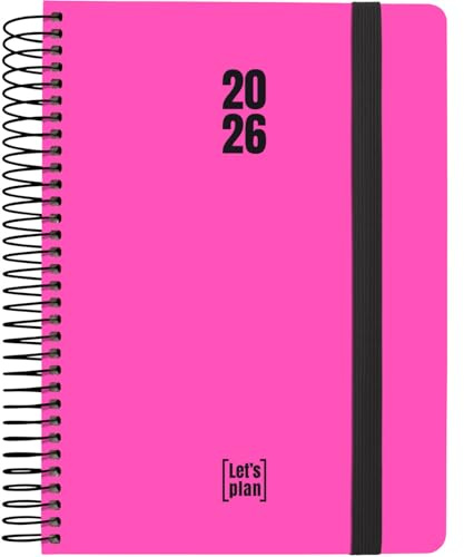 Grafoplas - Dagbok 2026 dag per sida, Neon Fuchsia, 15 x 21 cm, dag per sida, spanska, hårt fodrat papper, glitterfinish, gummilås, runda hörn, inklusive klistermärken