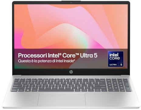 HP Laptop 15-fd1005sl, PC Portatile 15, Display FHD, Notebook, (Intel Core Ultra 5 125H, RAM 16GB, SSD 512GB, Windows 11), Computer Portatile, Uso quotidiano, Tastiera Italiana, QWERTY, Argento