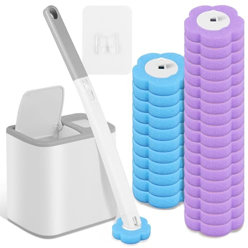 Juego de escobilla de inodoro desechable con mango dilatado y soporte, juego de limpieza con 30 piezas de limpiador de rellenos, juego de escobilla de inodoro para baño, lavabo, bañera y suelo (gris+
