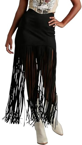 Gonna lunga da donna in pelle scamosciata, per il tempo libero con frange, a vita alta, maxi gonna da cowgirl, Nero , XL