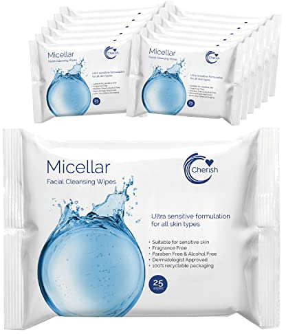 Cherish Hypoallergenic Facial Cleansing Micellar Water Wipes, Make Up Removal, Sensitive Skin (12 packs x 25 wipes totaling 300 wipes)