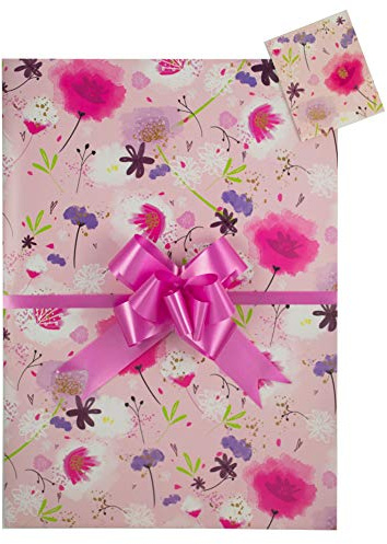 Poppy and Flowers, Pink Gift Wrap Pack, 2 Sheets, 2 Matching Tags and 2 Cerise Pull Bows, Arrives in an A4 boarded envelope for protection. Birthday wrapping paper female, flower wrapping paper