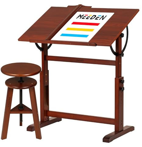 MEEDEN Ensemble Table de Dessin Vintage en Bois et Tabouret, Chaise d'artiste et Table d'artisanat avec Hauteur réglable, Plateau inclinable pour œuvres d'art, Design Graphique, écriture