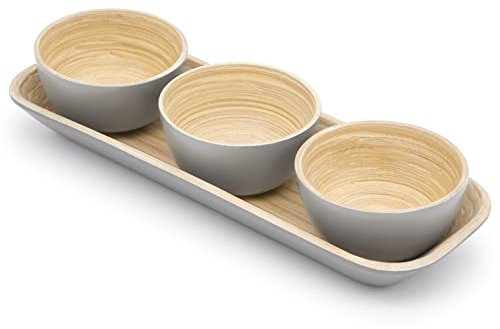 Dehaus® Small Bamboo Dipping Bowls & Tray Set - Grey - Mini Wooden Dip Pinch Bowl Serving Dishes for Party Snack Food, Condiments, Dips, Nibbles, Crisp, Nuts, Tapas, Olive Appetizer, Soy Sauce