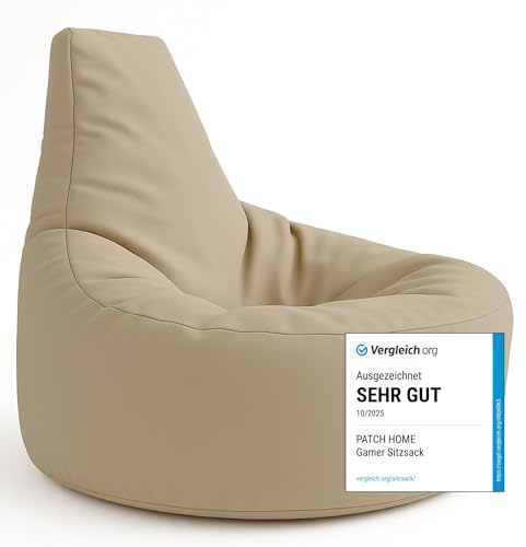 PATCH HOME Gamer kudde & lounge sittsäck fåtölj sittdyna sittsäckar gaming, redo med frigolitfyllning lämplig för inomhus- och utomhusbruk (beige, Ø 65 cm x höjd 70 cm junior)
