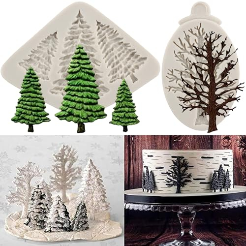 MYPRACS Christmas Tree Fondant Cake Silicone Mould Xmas Birthday Party DIY Cake Decorating for Chocolate Candy Sugarcraft Cupcake Topper Pastry Polymer Clay Gum Paste Baking Set of 2