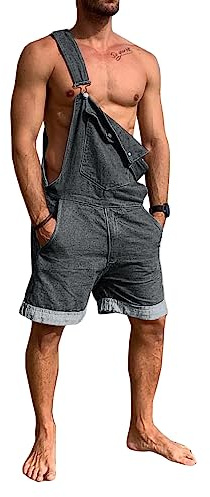 Runcati Combinaison en denim pour homme - Short d'été - Réglable - Décontracté - Courte - Coupe ample, gris, M
