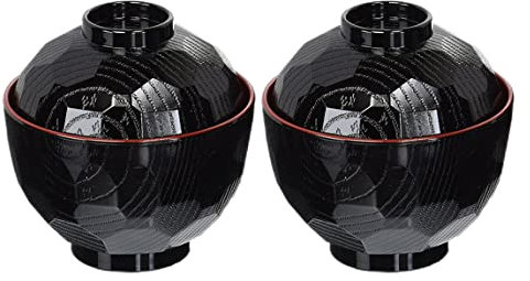 Bols à Soupe Miso Japonais Traditionnels de SunaOmni: 2PCS en Plastique, Style Japonais, Bol Ramen Noir et Rouge avec Couvercle en Plastique de Qualité Alimentaire pour Servir des Nouilles