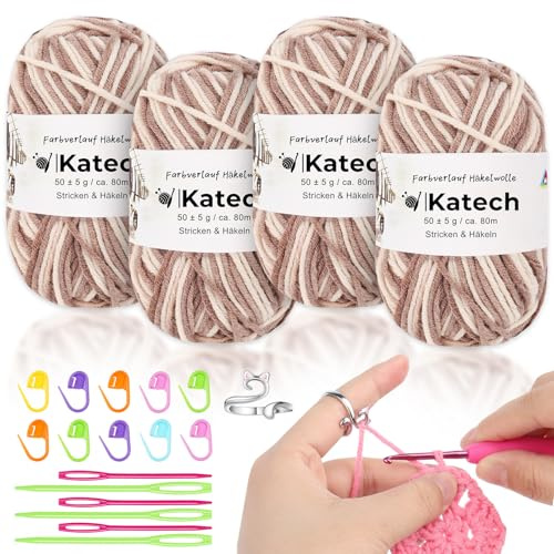 Katech 4x50g(200g) Filato per Uncinetto Multicolore, Cotone per Uncinetto, Lana per Uncinetto per Maglieria per Lavorare a Maglia Cappelli/Sciarpe/Vestiti per Bambini, Lana gomitoli, Cachi