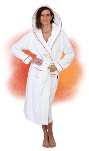 ELEVAVIDA Bademantel Damen mit Kapuze aus kuscheliger Baumwolle weiß - extra weich und bequem - Größe M - Frottee Sauna Bademantel lang - OEKO-TEX zertifiziert