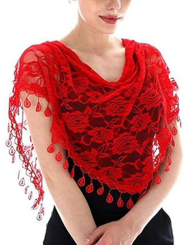 JK Home Floral Lace Triangle Shawls Wraps with Tassels, Triangle Veil Lace Head Covering Chapel Scarf Bridal Veils Tulle Rose Church Veil Bikini Cover Up for Party Birthday Wedding Masquerade Red