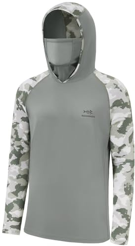 BASSDASH herr UPF 50+ Camo huvtröja skjorta med mask långärmad solskydd halsdamask huva t-shirt för fiske vandring