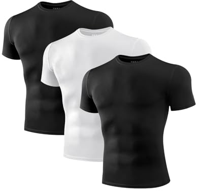 Niksa Compression Shirt Men, 3 Packs Short Sleeve Gym T Shirts Men's Muscle Fit T-Shirt Breathable Active Wear T Shirt Base Layers Quick Dry Tops for Running Cycling Sports, Black and White, L