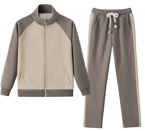 amropi Donna Tuta da Cerniera Felpa a Contrasto Giacca e Jogging Pantaloni Tute 2 Pezzi Sportivo Completo caffè, M