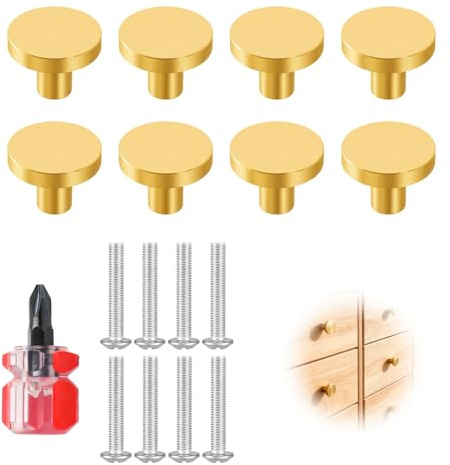 Jetstream 8 Piezas Tirador para Cajones Latón, Pomos y Tiradores Doradas para Muebles, Manillas Redondas, Equipado con un Destornillador, Apto para Gabinetes, Cómodas, Aparadores y Puertas de Armari