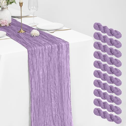 10 confezioni di runner da tavolo in stamigna color lavanda 53,3 x 304,8 cm, runner da tavolo in tessuto di garza rustico e bohémien, runner da tavolo in stamigna romantico e lungo per matrimoni