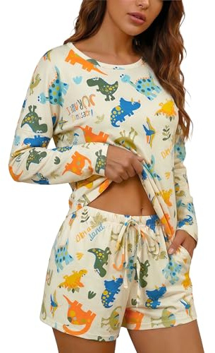 LovinPet Pajamas for Women Set, Womens Pajama Set with Pockets, Dinosaur Print Long Sleeve Top and Shorts, Matching Loungewear Sleepwear, Adjustable Drawstring Waist, Orange, XL