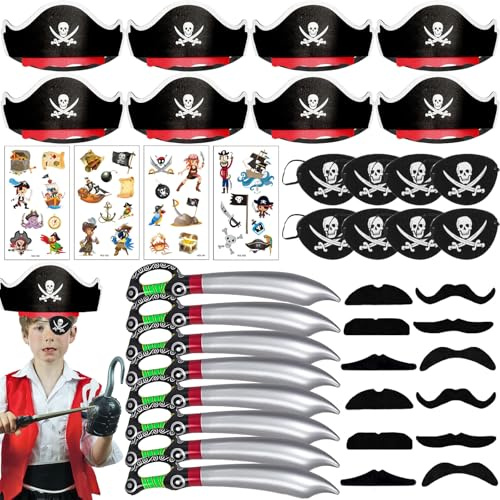 AUNGKWANG 40 Piezas Pirata Accesorios, Pirata-Inflables Juguetes Sombrero Piratas Parche de Ojo Piratas Barba Falsa Etiqueta-Pirata, Decoración de Fiesta Pirata Para Carnaval Halloween