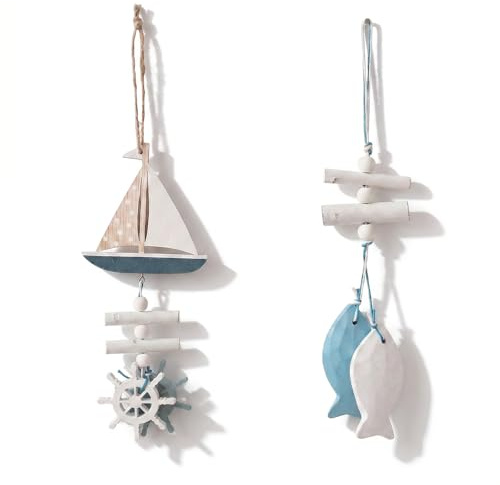 MHYMX Nautical Decor, 2 Pcs Nautical Bathroom Accessories Wood Coastal Room Decor Fish Wall Ornaments Sailboat Decoration Hanging Seaside Ornaments for Bedroom Living Room Indoor Outdoor