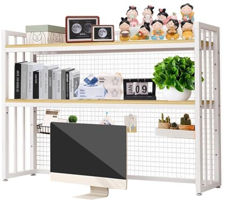 ISCBAFYX Justerbar bordshylla i metall och MDF för datorbord Bänkskiva bokhylla och displayställ för kontorsmaterial och heminredning Vit (95cm/37)