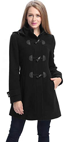 BGSD Women Daisy Wool Blend Hooded Toggle Walking Duffle Coat (Also available in Plus Size and Petite), Black, Large