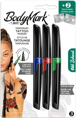 BIC BodyMark OLD SCHOOL - Marcadores para Tatuajes Temporales, calidad cosmética para usar sobre la piel - Pack de 3 Colores Variados y 2 Láminas de Plantillas para Diseños Atemporales
