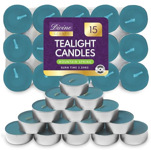 SOL 15pk Tea Light Candles Mountain Spring – 3.5 Hour Burn Time, Scented Tea Lights with a Refreshing Fragrance - Ideal for Home, Relaxation, Romantic Dinners, Weddings, Festive Decor, Cosy Evenings