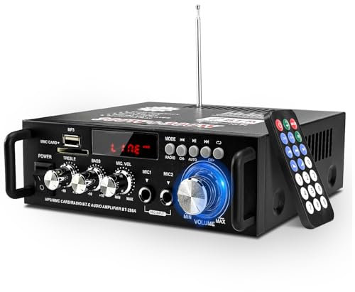 Mini Bluetooth Amplificador Audio, 600W HiFi de 2.0 Canales Audio Stereo Music Reproductor, SD Card/USB Input/FM Radio, para PC, TV, Amplificador Coche, casa Altavoz, subwoofer BT 12v 220V (600W)