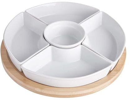BUTLERS Set Snackschalen & Dipschalen | 5 Porzellan Schalen mit rundem Teller aus Bambus Ø26cm -APPETIZER- Servierschalen Set für Snacks, Fingerfood, Obst | Snackteller mit Fächern