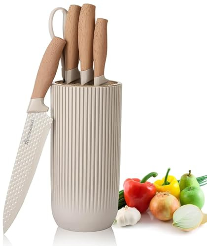 Kitchen Knife Set, Retrosohoo 6-Pieces Khaki Sharp Knife Block Sets for Kitchen, Non-stick Non-slip Stainless Steel Chef knives with Universal Block Suitable for Home Restaurant (Khaki)