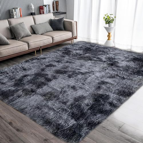 ASIinnsy Hochflor Teppich Wohnzimmer Flauschig Shaggy Weich Modern Grau Teppich Schlafzimmer Kinderzimmer Deko Langflor Teppiche Groß rutschfest Plüsch-Teppiche (Schwarzgrau, 160 x 230 cm)