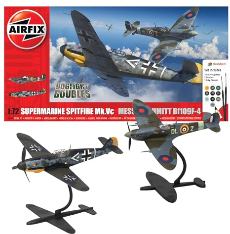 Airfix Gift Set x 2 Kits - Model Plane - A50194 Supermarine Spitfire Mk.Vc and Bf109F-4 Dogfight Double Building Set, 1:72 Scale Kit for Adults & Kids 8+ Models Military Gifts for Men Un-Painted