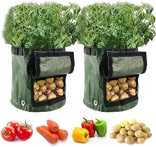 BUTORY Potato Grow Bags Set 2Pack 10 Gallon Plant Growing Bags for Vegetables Durable Root Friendly Vegetable Planting Bag with Strap Handles and Access Flap Window for Potatoes, Tomatoes, Strawberry