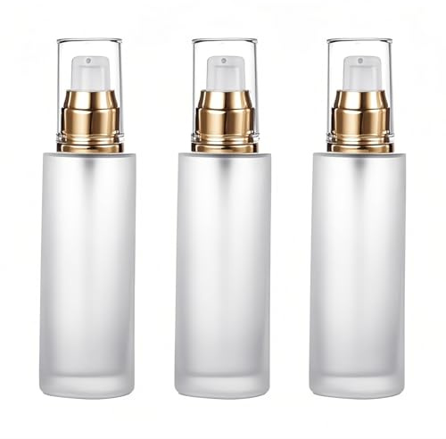 Doromy 3Pcs Frosted Glass Lotion Pump Bottles Refillable Comestic Bottles Empty Travel Containers 60ml/20z with Pump Dispensers For Makeup Cream Emulsion Lotion Essential Oils