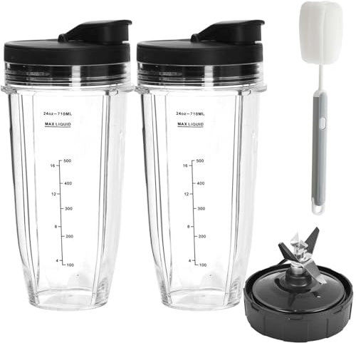 2025 Upgrade Ninja Blender Replacement Parts Set,Ninja Blender Cups(2 * 710ml/24oz), 7-Fins Ninja Blade Replacement with 2 to-Go Lids+Brush for Nutri Ninja Auto-iQ BL480/BL482/BL682/NN102/BL642/BL487