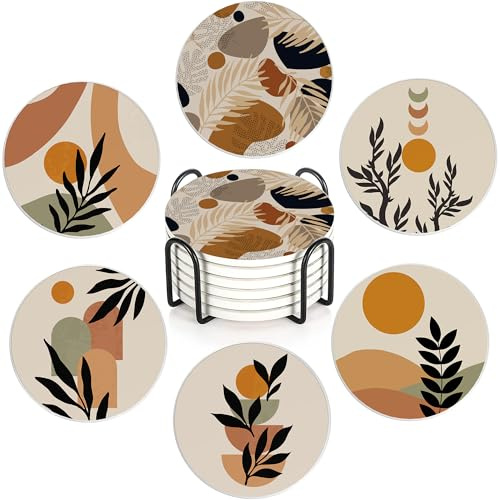 Abstract Boho Sun Leaves Set of 6 Absorbent Ceramic Coasters with Cork Base & Holder,10cm Round Drink Mats for Mugs, Wine Glasses - Spill Protection for Wood/Glass Tables