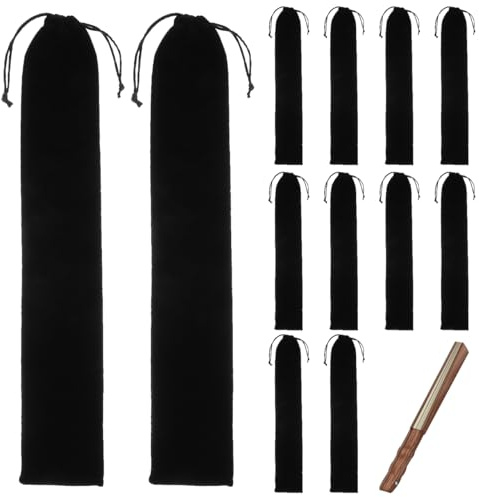 Zerodeko 12 Pochettes en Velours Noir pour Éventails Pliants | Étuis de 36 x 6cm avec Cordon de Serrage pour Ranger et Transporter Éventails et Petits Accessoires en Voyage