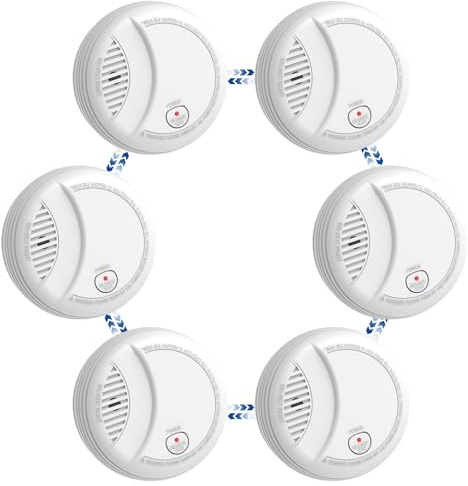 Hapippofa Vernetzte Rauchmelder 10 Jahre mit 9V Wechselbatterie –Vernetzte Feuermelder mit Stumm- und Testfunktion, Alarm bei niedrigem Batteriestand, Zertifiziert nach EN14604,6 Stück