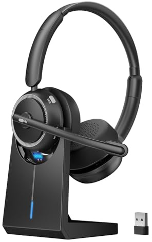 NIXIUKOL Wireless Bluetooth Headset mit Mikrofon, ANC/ENC Noise Cancelling, Microphone Mute, 200g Leicht, Headset Kabellos mit USB-Dongle & Charging Station für Computer/Call Center/Meeting/Office