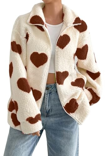 KBOPLEMQ Veste polaire pour femme avec imprimé cœur - Veste d'hiver épaisse - Doublure chaude - Veste de transition élégante surdimensionnée - Veste en peluche pour femme - Manteau d'hiver moelleux et