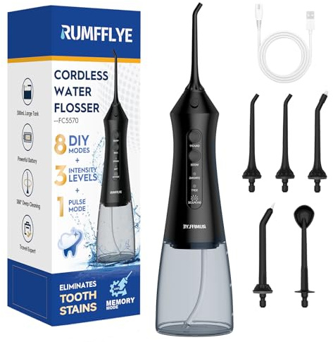 RUMFFLYE Water Dental Flosser Teeth Pick 300ML Portable Cordless Oral Irrigator for Teeth Cleaning with 4 Modes 5 Jet Tips 12 Pressure Settings USBCharger IPX7 Irrigation Cleaner for Home Travel Black