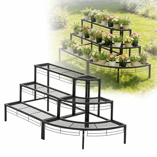 Dalumian Supporto angolare per piante da esterno, scaffale alto in metallo per riporre fiori, scaffale portaoggetti per vasi di fiori a scala per patio, giardino, balcone (3 livelli, nero)(B)