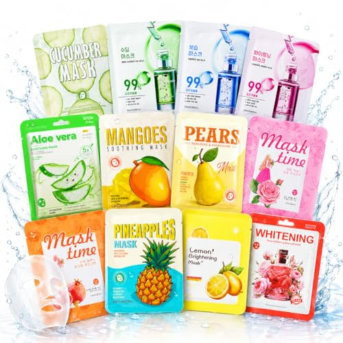 12 Pack Fruit Face Sheet Masks Set, Hydrating, Brightening & Soothing Korean Style Facial Masks for Dry & Dull Skin – Daily Care Moisturising Facial Masks, Spa Self Care Beauty Gift Set, Multi-colored