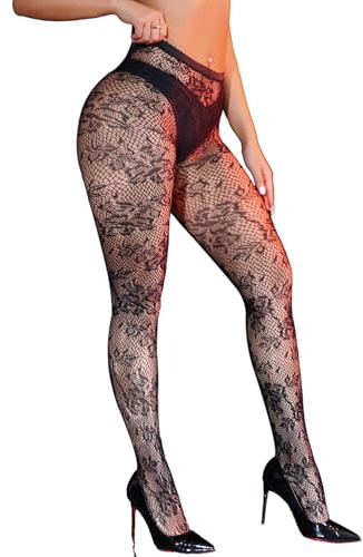 ohyeahlady Collant A Rete Nera Donna Tagile Forti XS-5XL Collant Pizzo Floreale Nero Fantasia Calze A Rete Sexydonna Hot Pizzo Calzamaglia Pantyhose Feste L-XXL,Nero