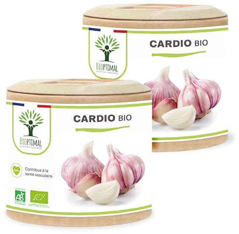 Cardio Bio - Bioptimal - Complément alimentaire - 4 plantes pour la Tension et la Circulation du Sang - Ail Aubépine Olivier Reine des Prés - Fabriqué en France - Certifié Ecocert - 2 x 60 gélules