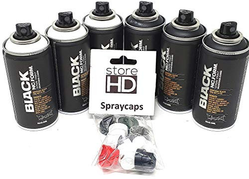 Montana Black Pocket Sprühdosen Set Black & White, 3x Schwarz + 3x Weiß + 10 Ersatzsprühköpfe - 6 x 150ml