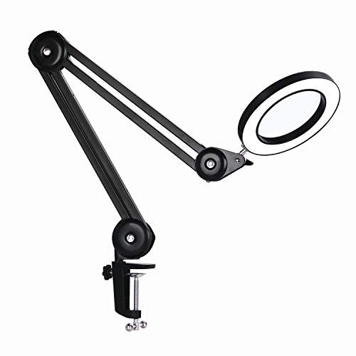 LED Lupenleuchte mit 5 Dioptrien – Arbeitslampe mit 105mm Glaslinse, dimmbarem Licht (3 Farben) & Tischklemme – Flexibler Schwenkarm für Präzisionsarbeiten, Basteln & Lesen