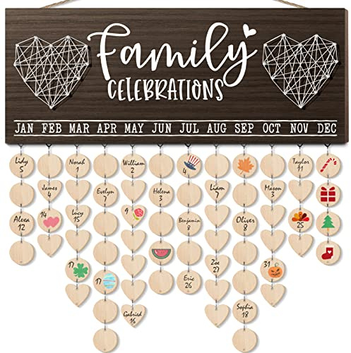 Valentines Day Mom Gifts from Daughter, Gifts for Mom Wood Family Birthday Reminder Calendar Board Wall Hanging DIY Birthday Tracker Plaque with 120 Tag, Dad Mom Grandma Gifts for Birthday Mothers Day