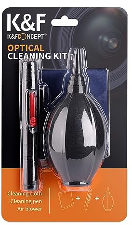 K&F Concept 3-i-1 rengöringssats för DSLR och spegellösa kameror inklusive 1 x linsrengöringspenna med infällbar mjuk borste/1 x silikonspets luftfläkt/1 x mikrofiberrengöringsduk