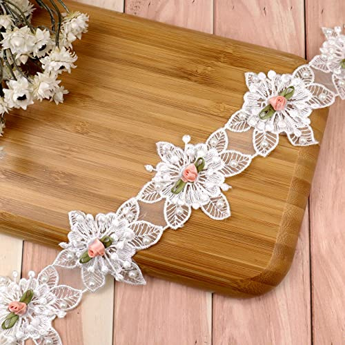 Flower Pearl Beads Lace Trim Ribbon Floral Applique Embroidered Lace Ribbon for Sewing, Wedding Dress, Clothes Decoration